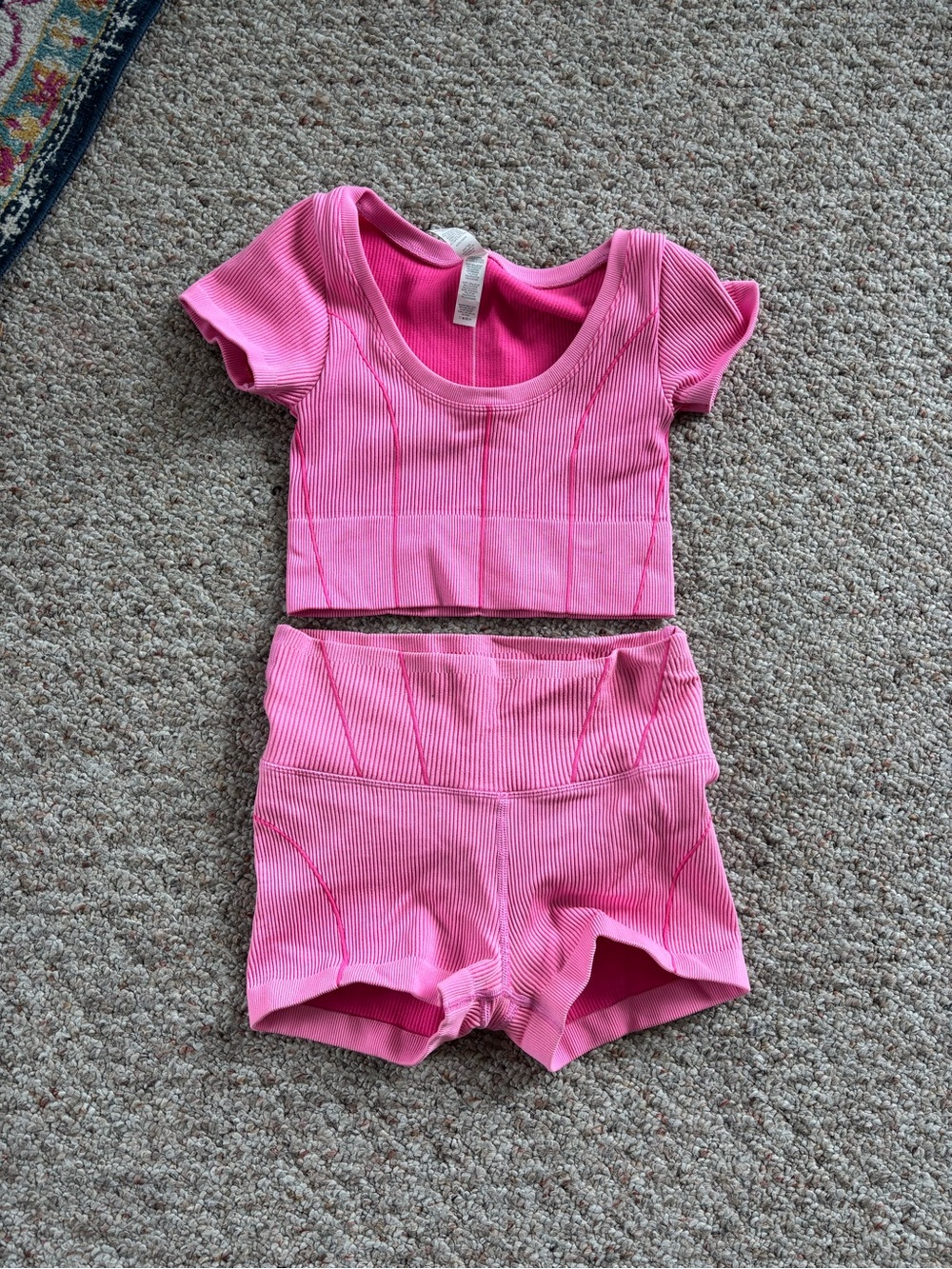 aerie Pink Ribbed Athletic Crop Top and Shorts Set